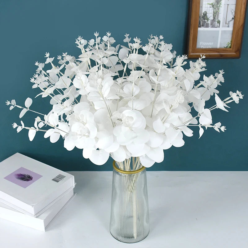 16Heads 50cm Artificial Flower White Fake Eucalyptus Leaves Faux Eucalyptus Branch with Stems for Home/Wedding Party Decor