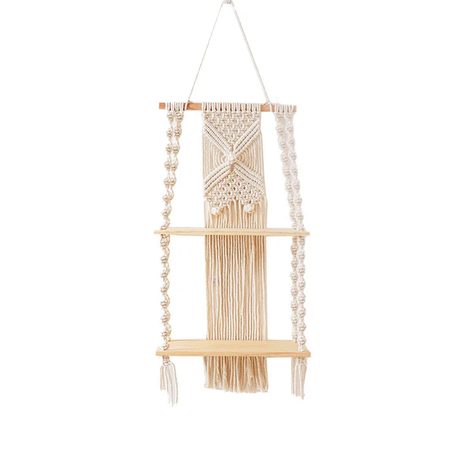 2 Tier Macrame Wall Hanging Floating Shelf Natural Cotton Rope Boho Home Decor Wooden Wall Shelf Candle Holder Floating Shelves