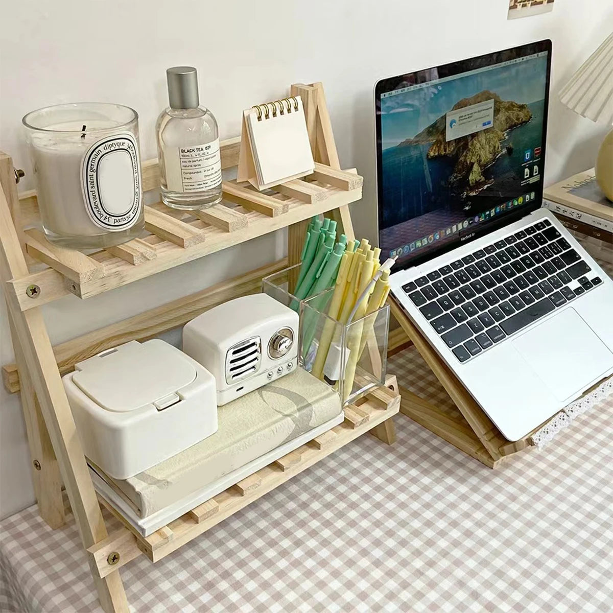 Desktop Storage Wooden Rack Double-Layer Simple Folding Corner Shelf Multifunctional Heavy-Duty Organizer Decoration Bedroom