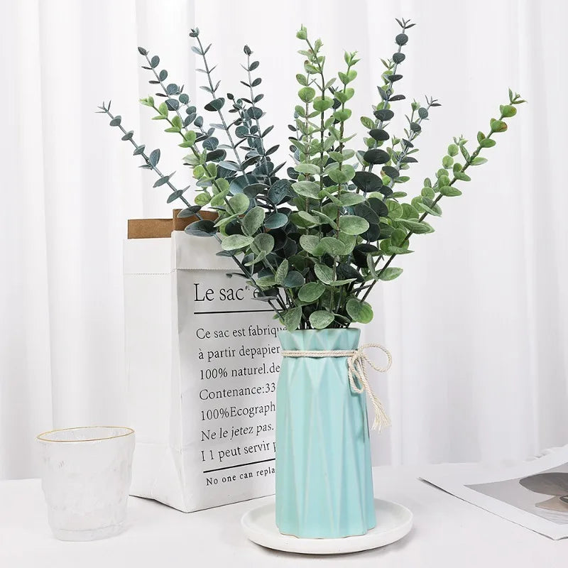 12/10PCS Eucalyptus Leaves Bunch Branch Artificial Plastic Plants Leaves Green Stems Wedding Faux Fake Flowers Cake DIY Decor