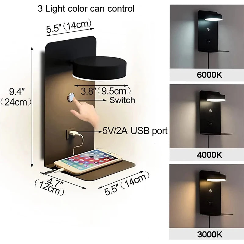 Bedroom Led Wall Lamps with USB Charge Wall Light Indoor Lamp for Living Room Decor Wall Panels with Switch Aisle Modern Sconce