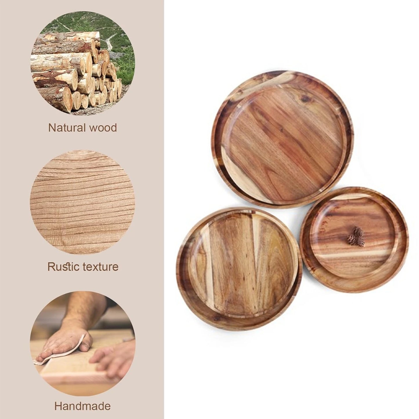 20/25/30cm Acacia Wood Serving Platter Tray Retro Round Pizza Salad Plate Fruit Dessert Tray Wooden Bread Cake Snacks Dishes