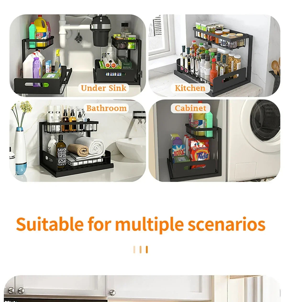 Kitchen 2 Tier Under Sink Organizer Rack with Sliding Drawer Multi-purpose Bathroom Organizer Shelf for Kitchen Bathroom Storage