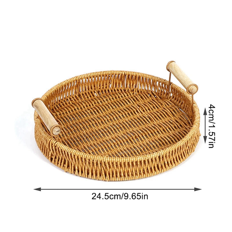 Multi-size Handwoven Rattan Storage Tray Round Wicker Basket Serving Tray With Wooden Handle Bread Food Plate Fruit Cake Platter