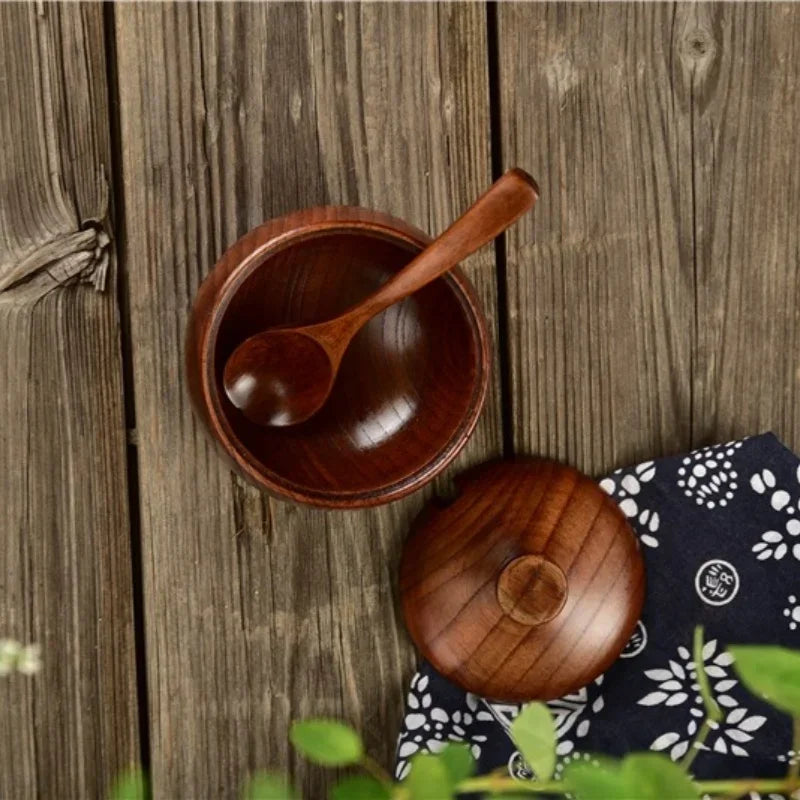 Wooden Seasoning Jar Salt Jar with Lid and Spoon Spice Pepper Seasoning Container Condiment Storage Bowl Household Kitchen Tool