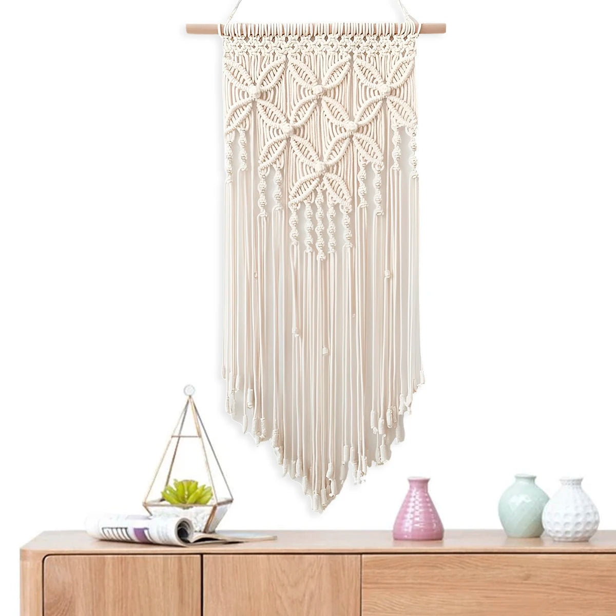 Macrame Wall Hanging Tapestry Handmade Bohemian Ethnic Chic Tapestry Boho Woven Wall Art Décor Beige Tassel Cotton Crochet