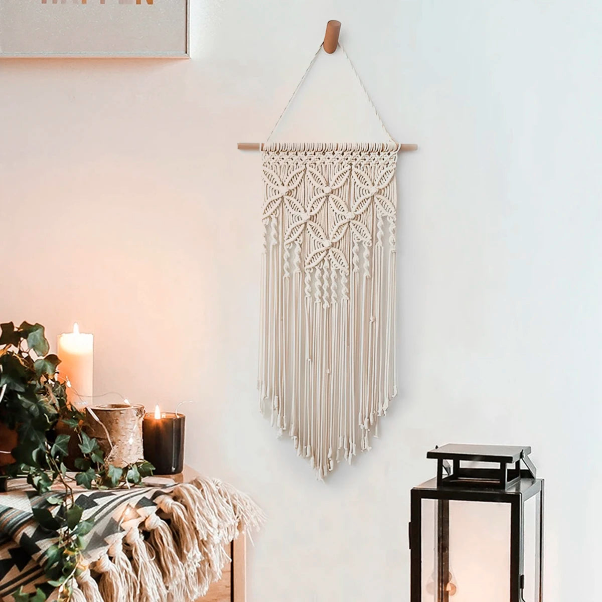 Macrame Wall Hanging Tapestry Handmade Bohemian Ethnic Chic Tapestry Boho Woven Wall Art Décor Beige Tassel Cotton Crochet