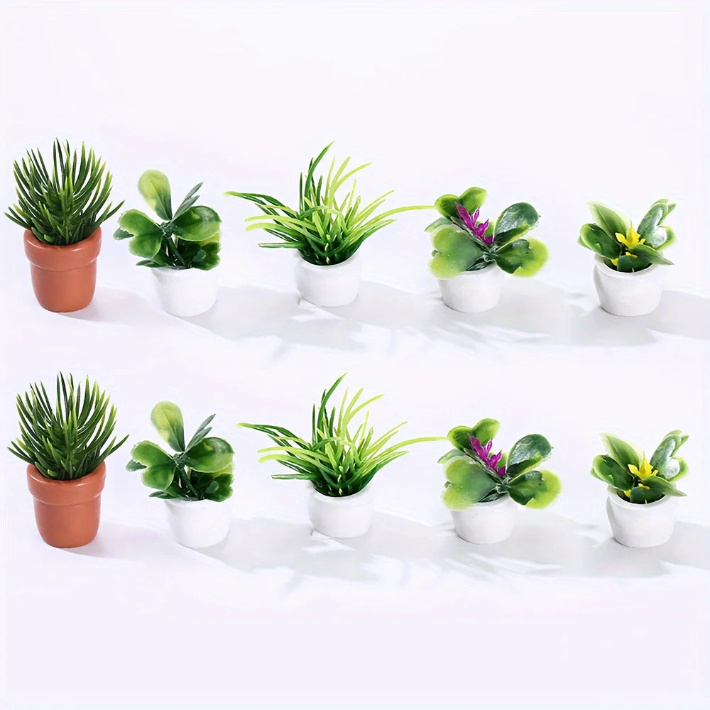 5pcs/set Artificial Mini Potted Plants, Tiny Miniature Fake Flower Pot Simulation Bonsai Decorative Grass Greenery in Pots For m