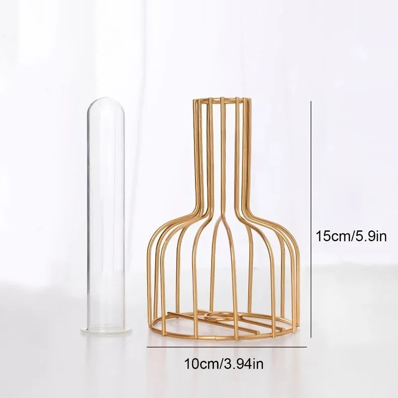 1 set of gold wrought iron metal vase hydroponic container test tube vase living room illustration decoration
