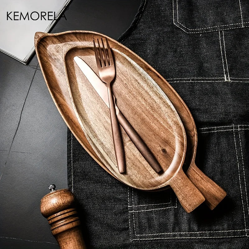 Japanese Style High Aesthetic Wooden Leaf Shaped Afternoon Tea Snack Tray, Western Food Sushi Tray Dessert Fruits Dining Plate