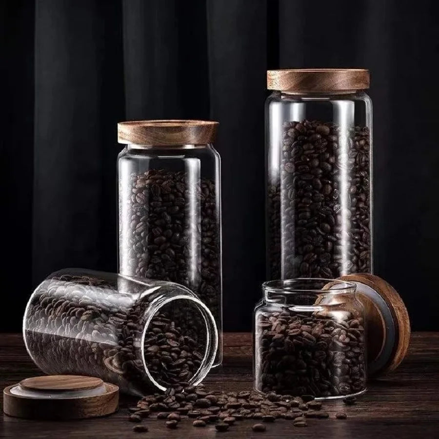 1 PC Small Glass Storage Jars with Airtight Lids, coffee container with Wooden Lid, Glass Pantry Canister for Beans, Rice,Sugar