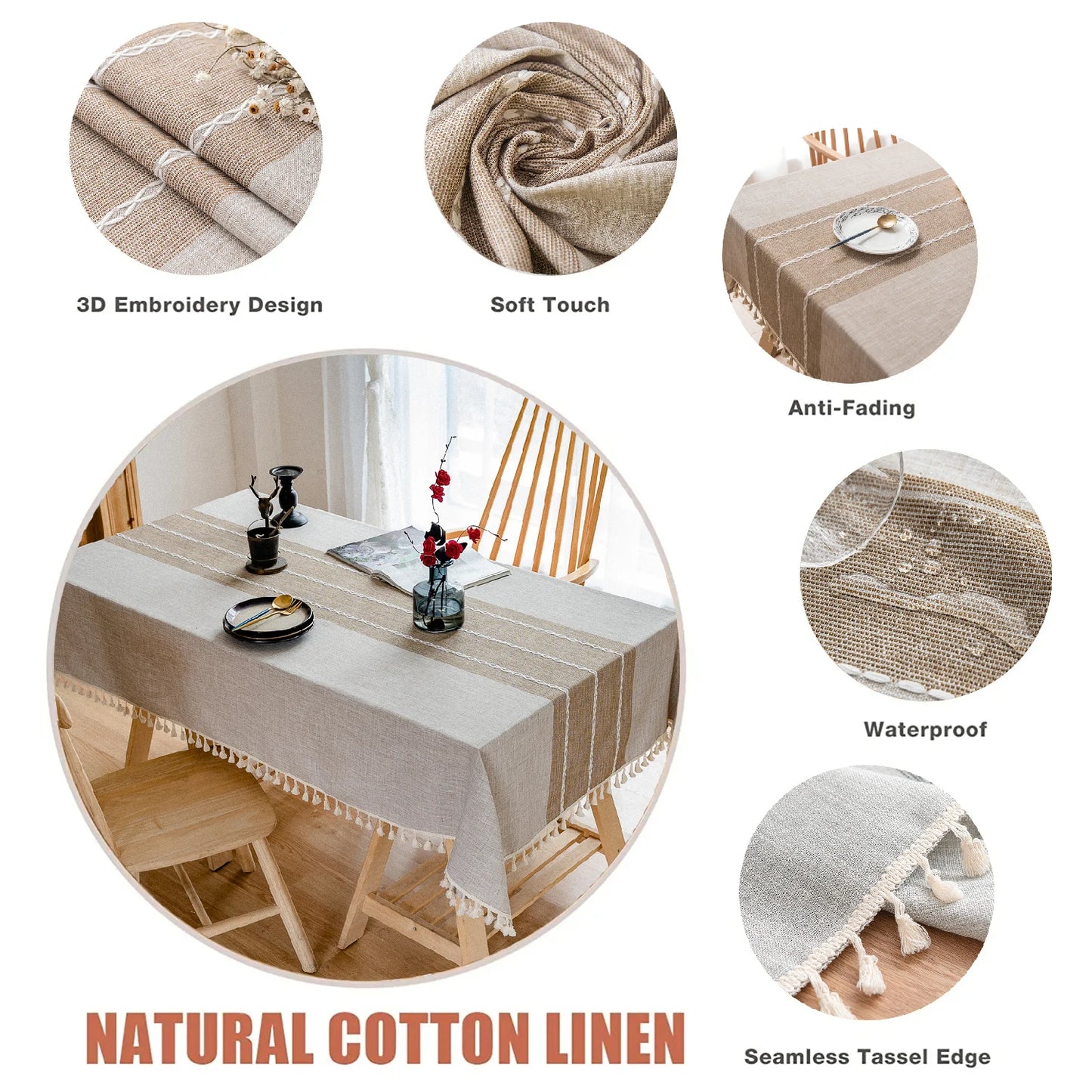 Battilo Linen Cotton Tablecloth Round Rectangular Table Cloth Waterproof Table Cover for Dining Coffee Table Kitchen Room Decor