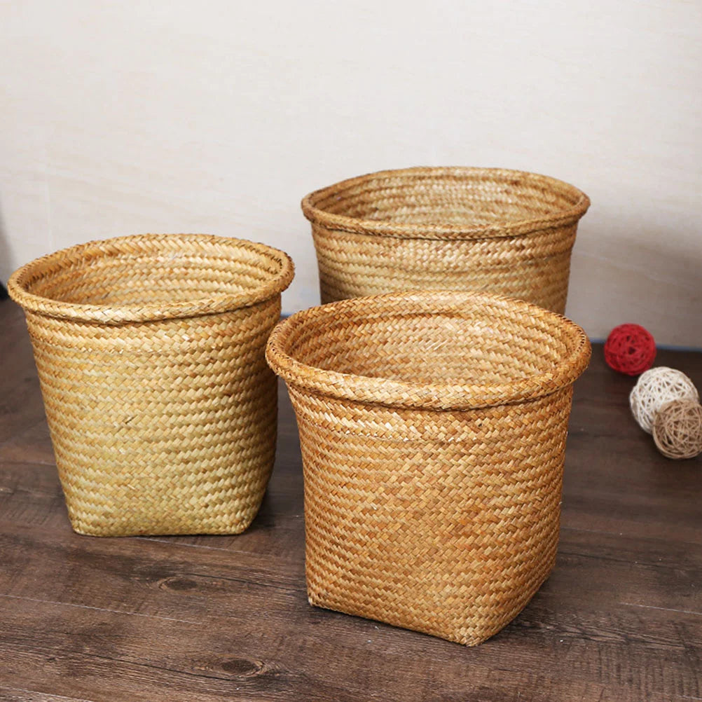 Multipurpose Storage Basket Woven Trash Can Rattan Laundry Container Household Merchandises Decorative Woven Basket Waste Bins