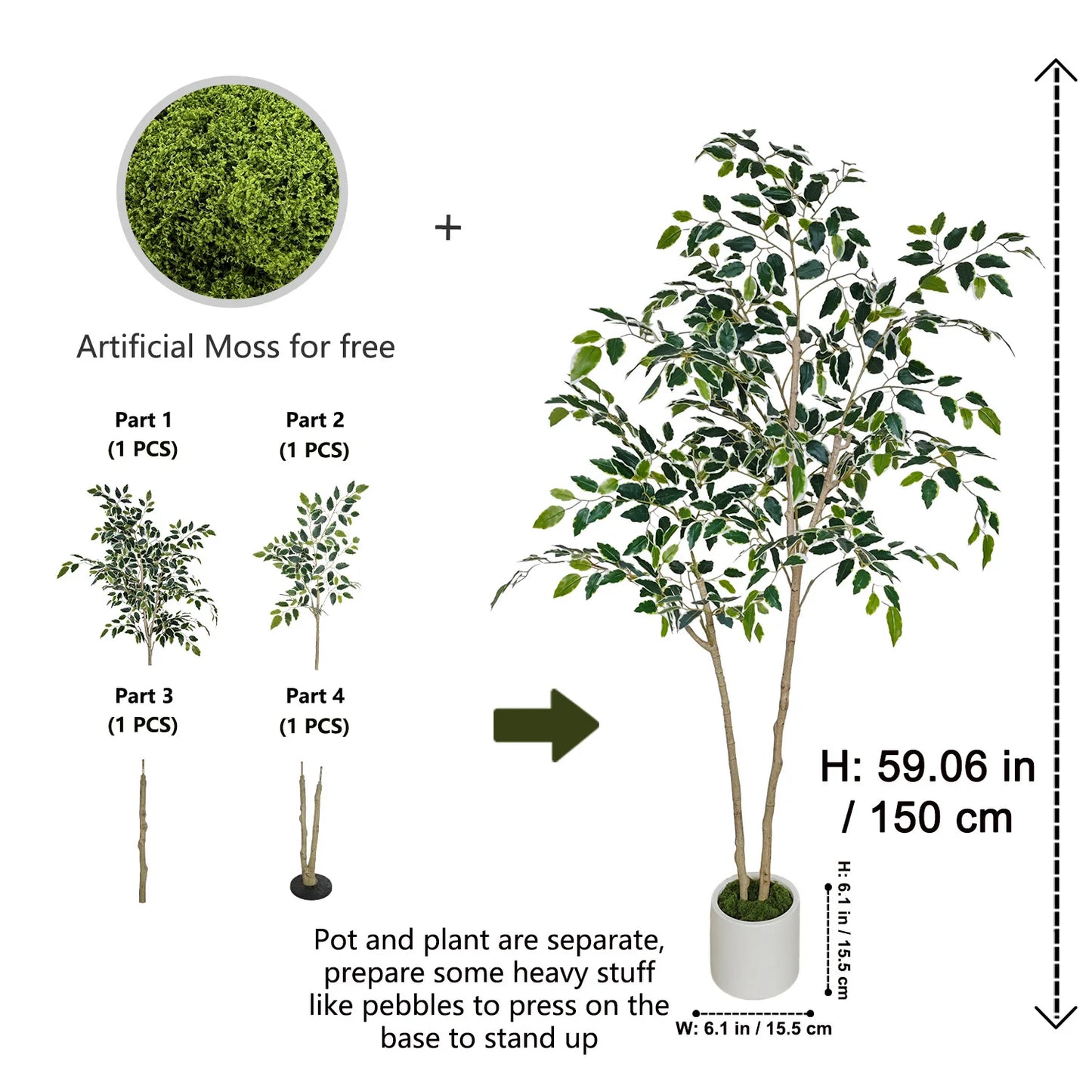 150-170cm New Artificial Ficus Plant Potted indoor outdoor Fake Plant for Home garden Room Balcony shops festival Decor With pot