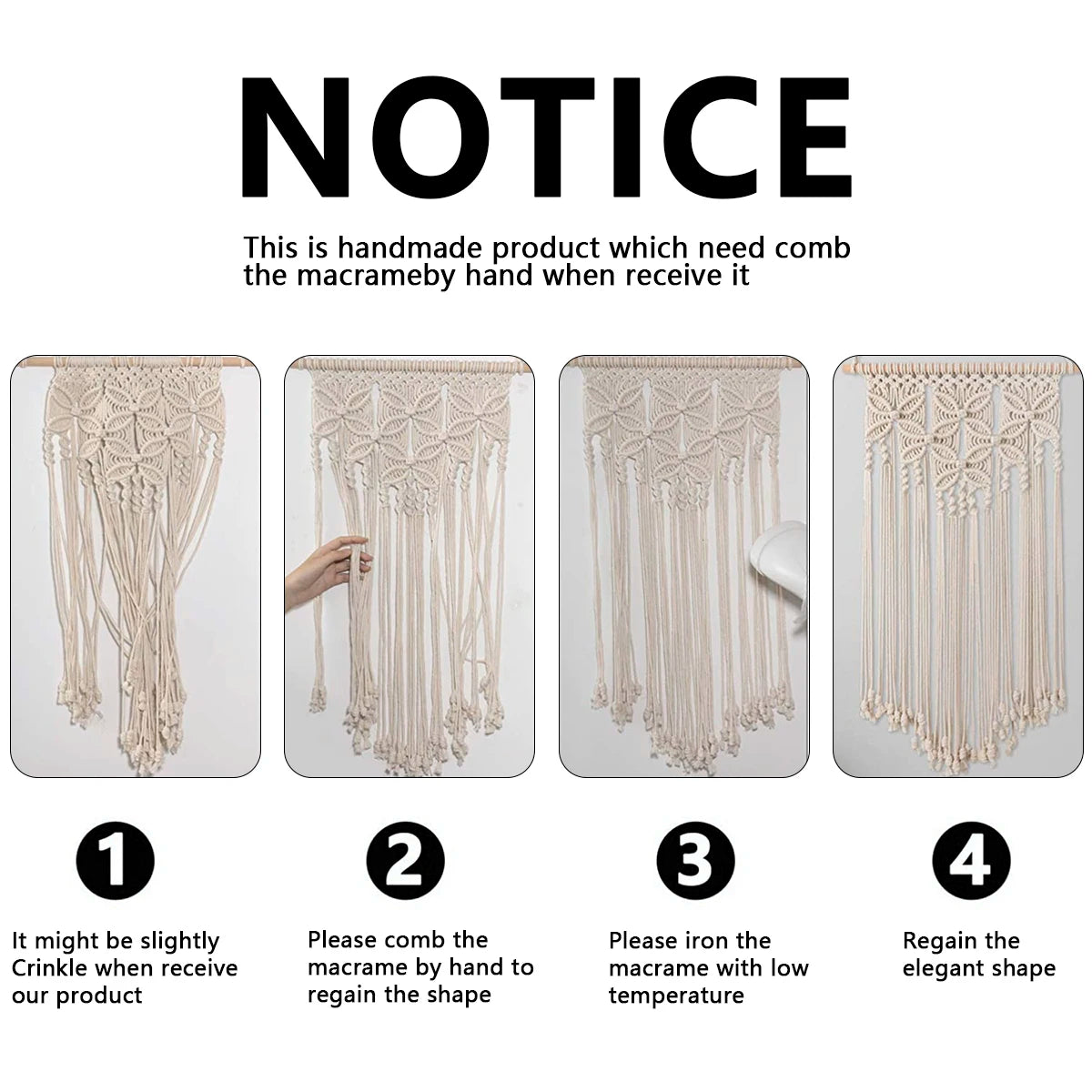 Macrame Wall Hanging Tapestry Handmade Bohemian Ethnic Chic Tapestry Boho Woven Wall Art Décor Beige Tassel Cotton Crochet