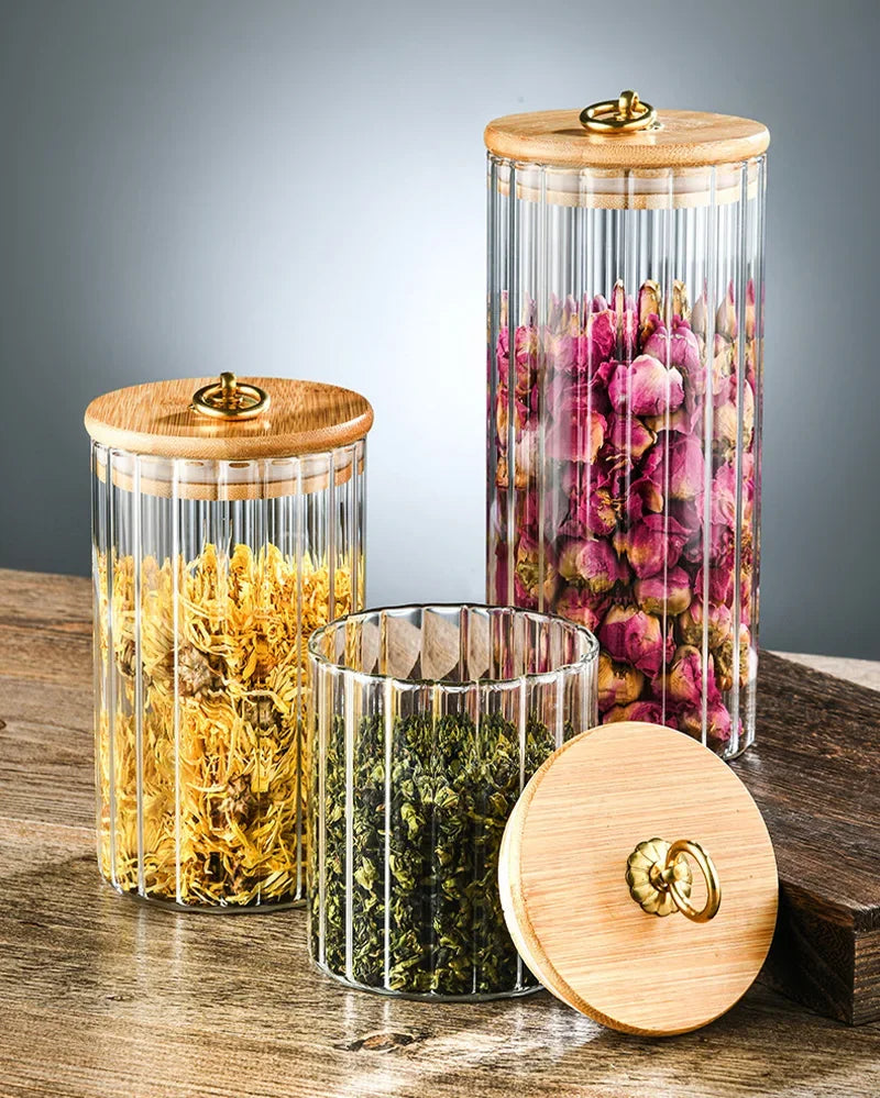 Glass Food Jar with Sealed Bamboo Lid Kitchen Pantry Grains Cookie Coffee Tea Candy Snack Storage Bottle Jars Kitchen Canister