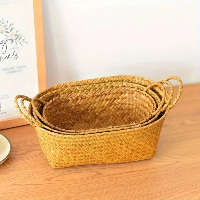 Woven Storage Basket for Fruits And Snacks, Double-Handled Rattan Basket for Organizing Miscellaneous Items, Shelf Baskets