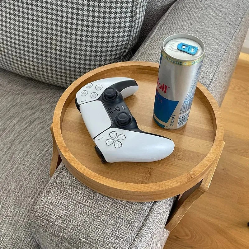 Wooden Sofa Armrest Tray Circular Clip on Breakfast Tray Home Use Foldable Sofa Side Table Snack Tray Integrated Storage Tray