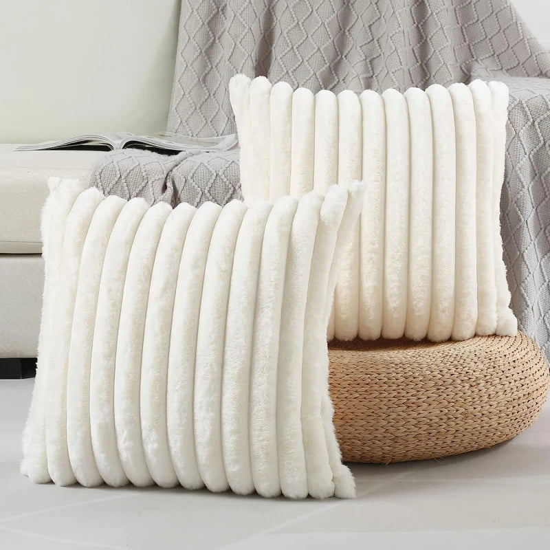 Pillow Cover Faux Rabbit Fur Square Cushion Big Thick Striped Super Soft Solid Color 45x45cm Sofa Decor Cushion Cover