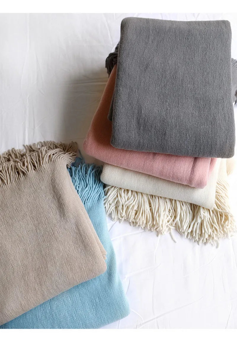 Nordic Knitted Tassels Fringe Blankets Lightweight Throw Solid Blanket Cozy Farmhouse Gift All Season Comfort For Home Travel