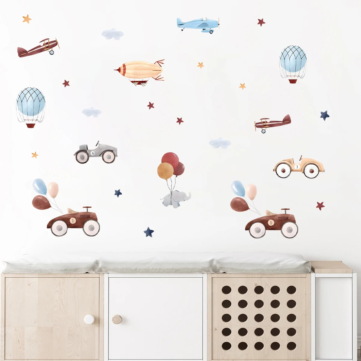 Cartoon Cute Airplane Car Elephant Balloon Wall Stickers Removable for Bedroom Living Room Nursery Decoration Wall Decals