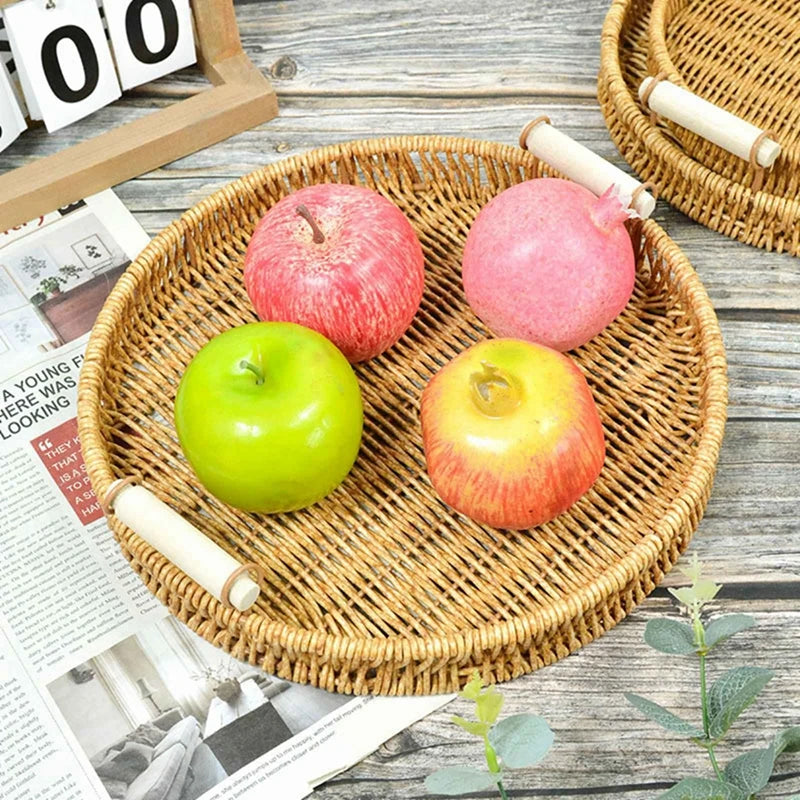 Multi-size Handwoven Rattan Storage Tray Round Wicker Basket Serving Tray With Wooden Handle Bread Food Plate Fruit Cake Platter