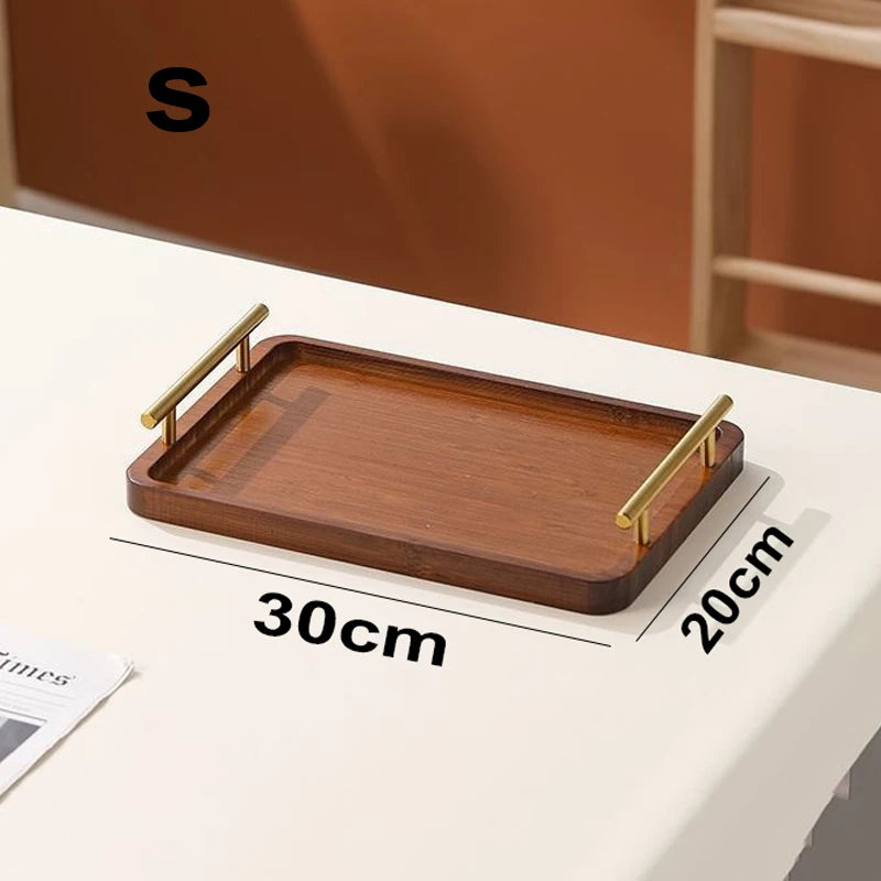 Wooden Rectangular Wooden Tray with Golden Metal Handle for Water Cup Fruit Food Bread Sundries Serving Tray Household Organizer