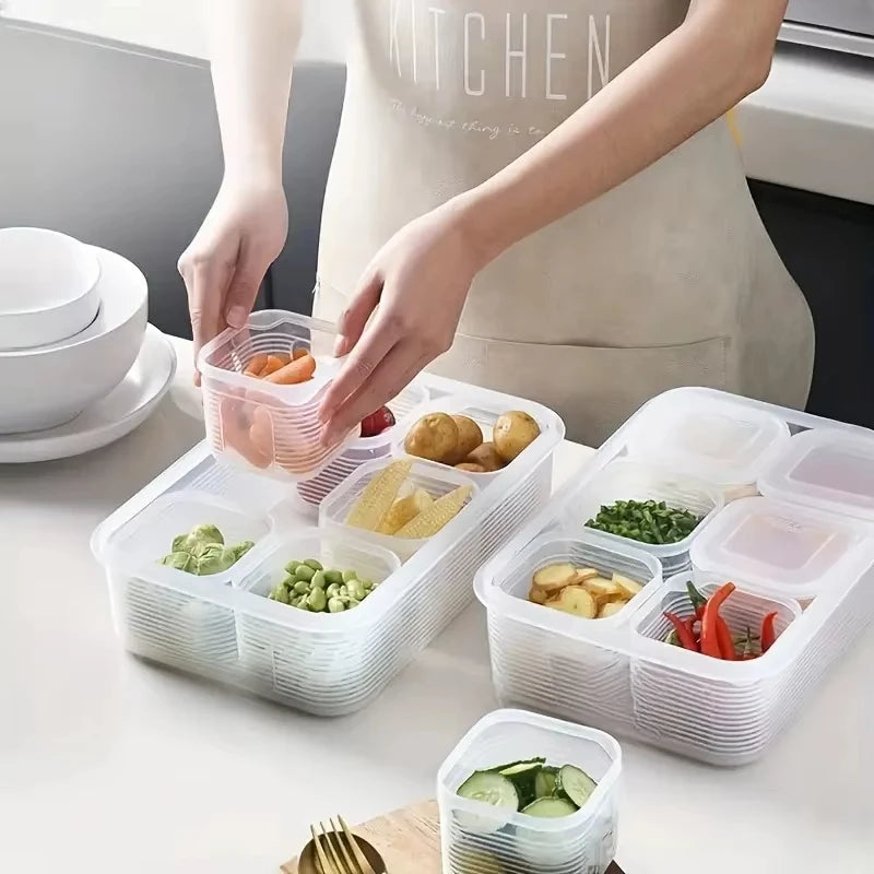 Food Storage Container 6 Grids Vegetable Fruit Fresh-keeping Box with Lid for Refrigerator Kitchen Spice Seasoning Storage Jar