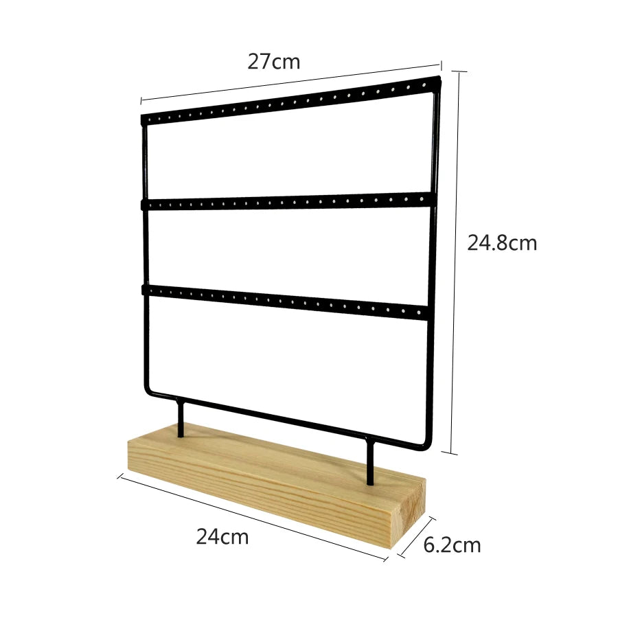 Solid Wood Base Metal Earrings Display Stand 3 Layers 69 Holes Jewelry Rack Earrings Studs Hanging Props Dresser Jewelry Storage