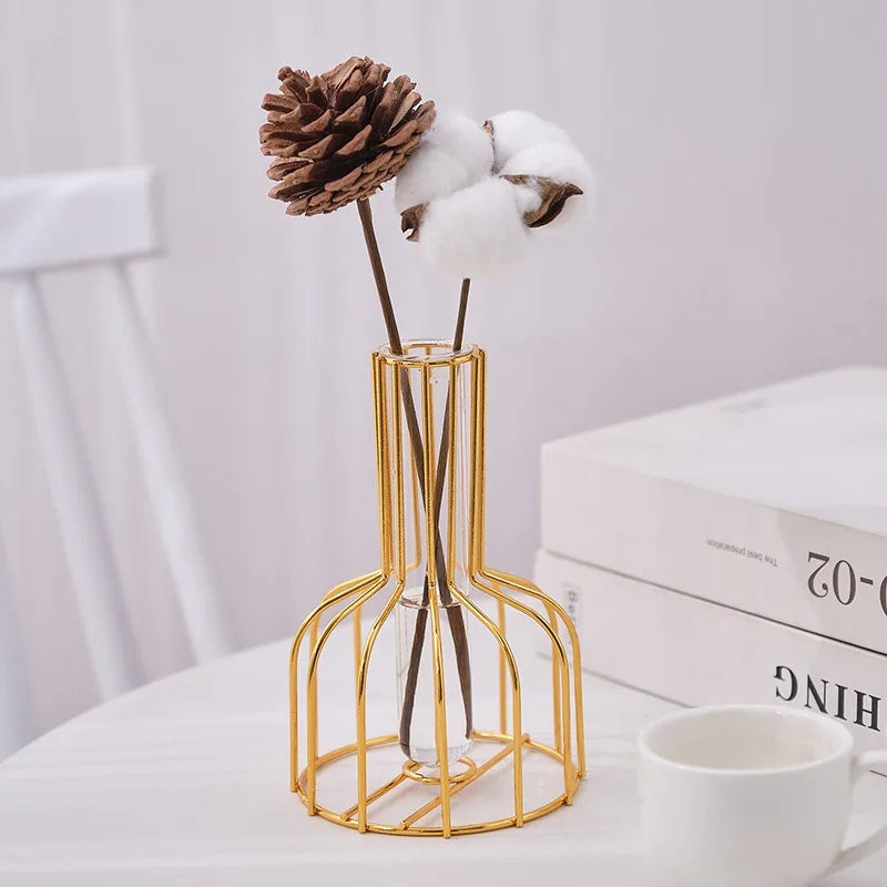 1 set of gold wrought iron metal vase hydroponic container test tube vase living room illustration decoration