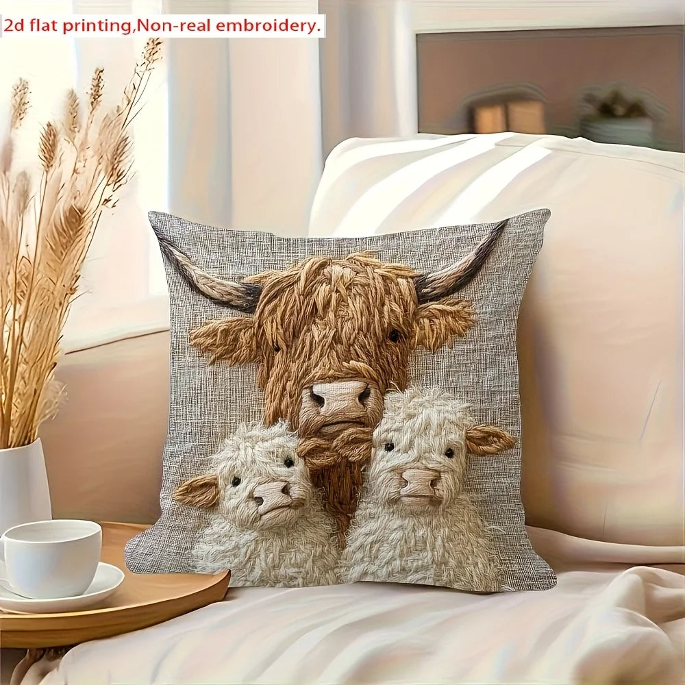 Highland Cow Family Design Pillow Cover-Soft Polyester,45cm x 45cm,Zipper Closure,Machine Washable (Pillow Insert Not Included)