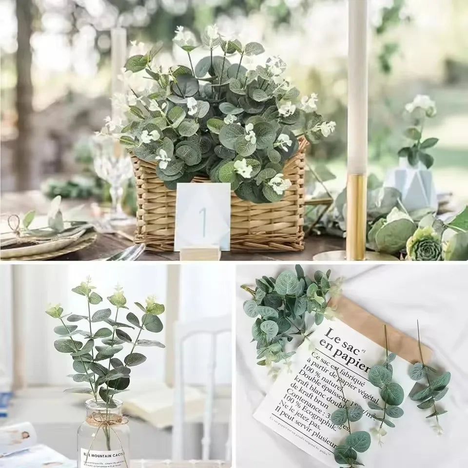 10pcs Eucalyptus Leaves Artificial Plastic Plants Leaves Bunch Branch Green Stems Wedding Faux Fake Flowers Cake DIY Decor