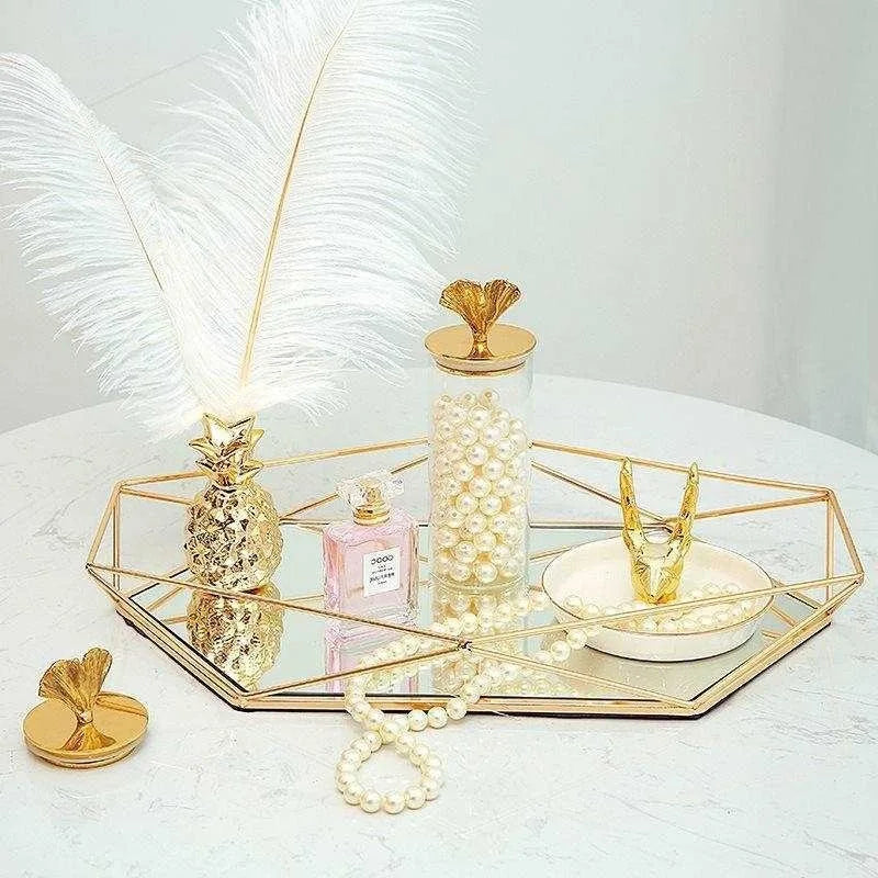 European Metal Glass Jewelry Gold Display Plate Geometric Tray Mirror Rose Shelf Storage Ring Dish Home Decoration
