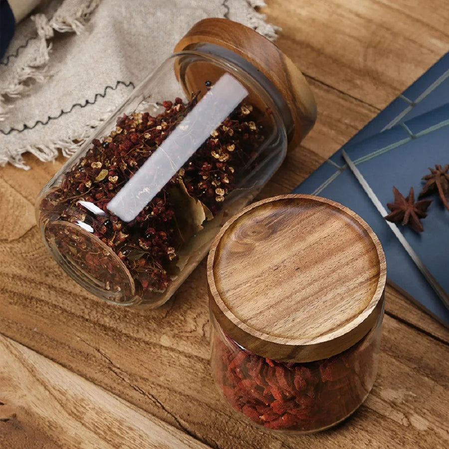 1 PC Small Glass Storage Jars with Airtight Lids, coffee container with Wooden Lid, Glass Pantry Canister for Beans, Rice,Sugar