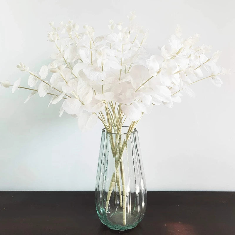 16Heads 50cm Artificial Flower White Fake Eucalyptus Leaves Faux Eucalyptus Branch with Stems for Home/Wedding Party Decor