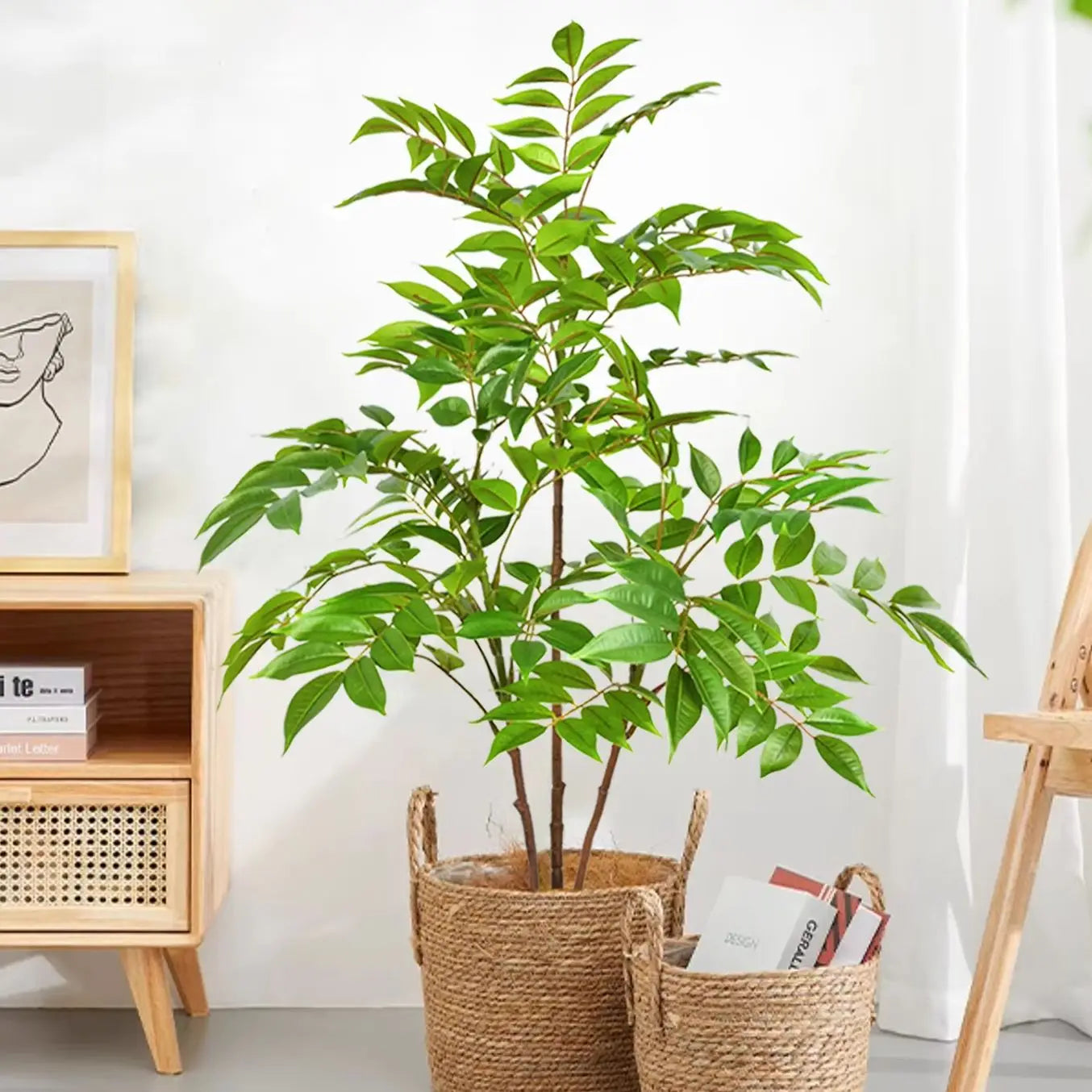 76-140(49.2in)Artificial Ficus Tree Branch Fake Lacquer Tree Plastic Banyan Plants Green Tall Palm Leaves For Home Garden Decor