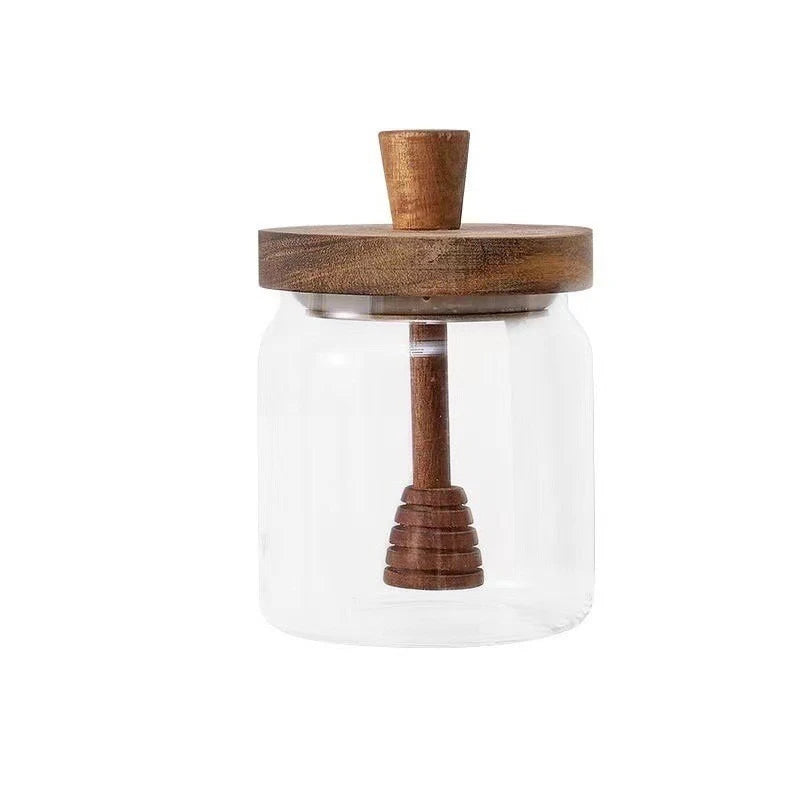 Honey Jar High Borosilicate Glass Sealed Tank with Wooden Lid Mixing Rod Wood Dip sticks Transparent Honey Sealed Storage Jars