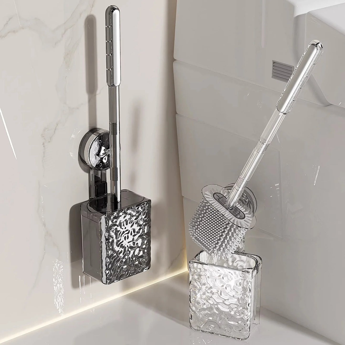 Bathroom Cleaning Brush Wall Mounted Non Perforated Suction Cup Toilet Brush Long Handle Glacier Patterned Bathroom Supplies