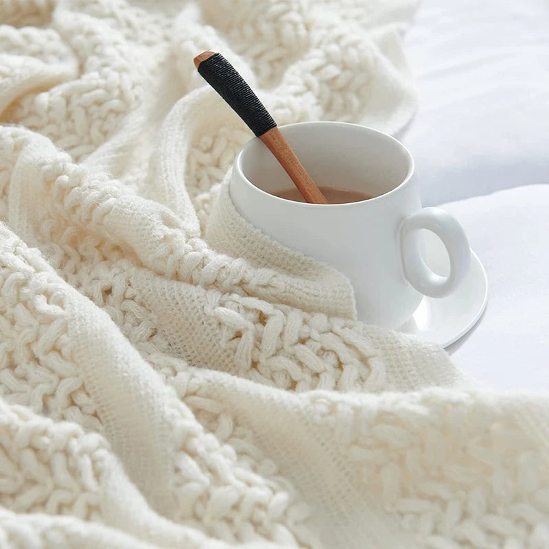 Cream White Textured Knitted Throw Blankets With Tassels Vintage Lightweight Farmhouse Gift Blankets 50x60inch Gift Blankets