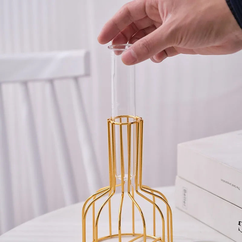 1 set of gold wrought iron metal vase hydroponic container test tube vase living room illustration decoration