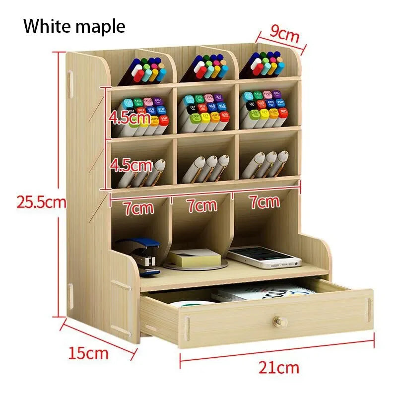 1pc Wooden Desk Organizer Student Stationery Storage Box For Cosmetics School Office And Home Large-Capacity Storage Pen Holder