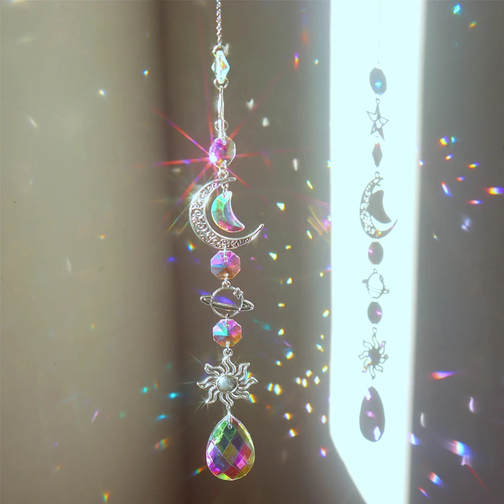 Suncatcher Crystal Wind Chime Star Moon Diamond Hanging Prisms Light Catcher Rainbow Chaser Jewelry Pendant Home Garden Decor