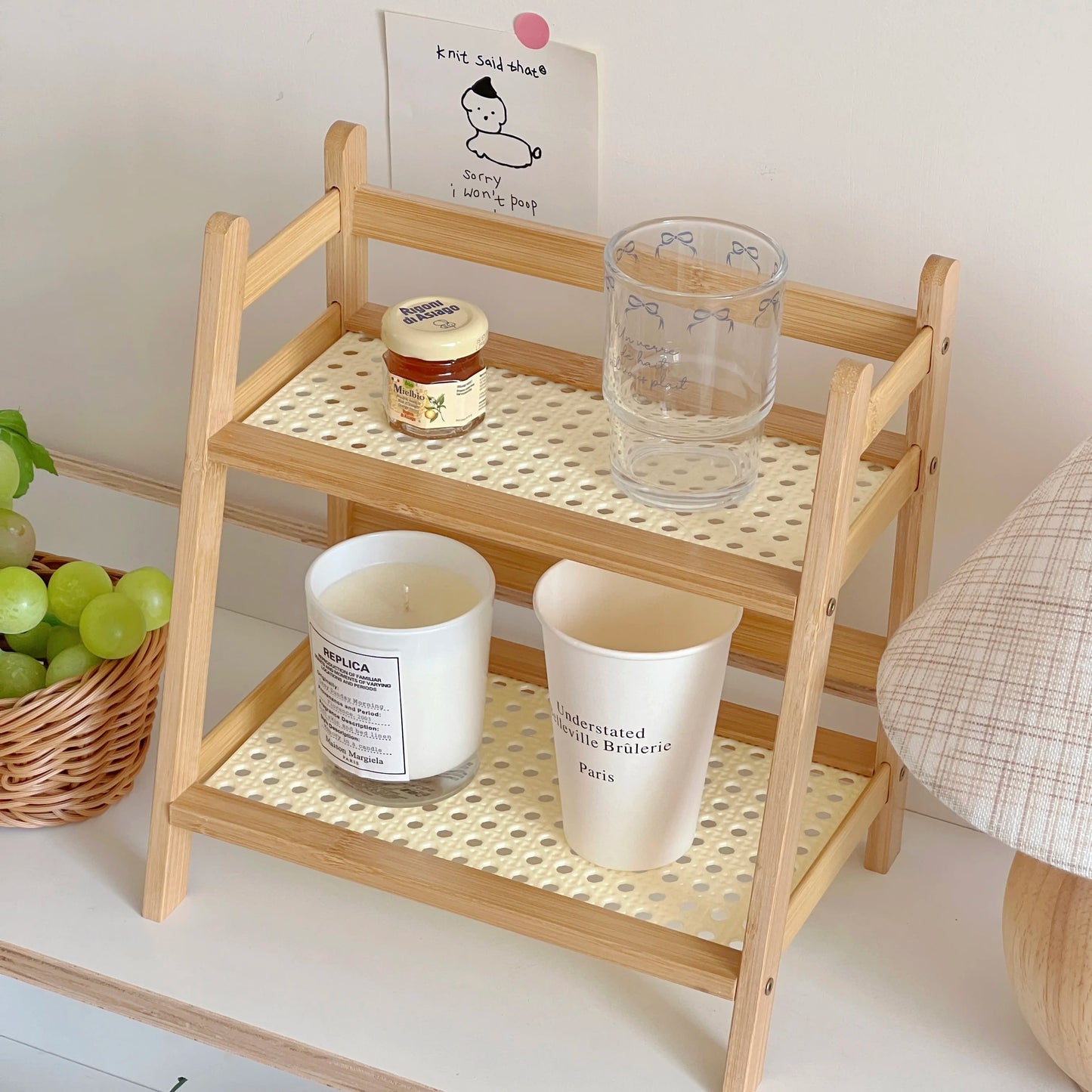 Wooden Storage Shelf 2-Tier Rattan Desktop Stand Organizer Trapezoidal Desk Display Rack Desktop Stationary Office Storage Rack