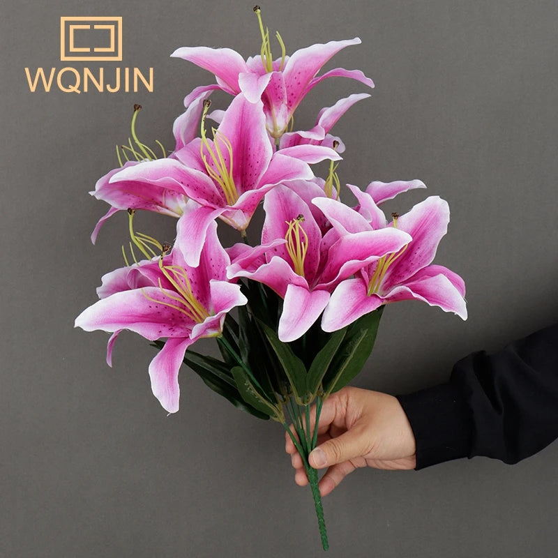 9 Heads/Branch White Lily Artificial Flower Simulation Flower Decorative Home Decoration Gift Lily Branch Fake Bouquet