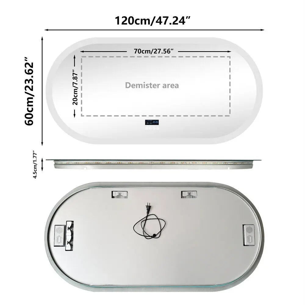 Large Bathroom Mirror Oval LED Vanity Mirror Wall Mounted w Bluetooth, Digital Display, Back Front Lit, Anti Fog for Hotel Hall