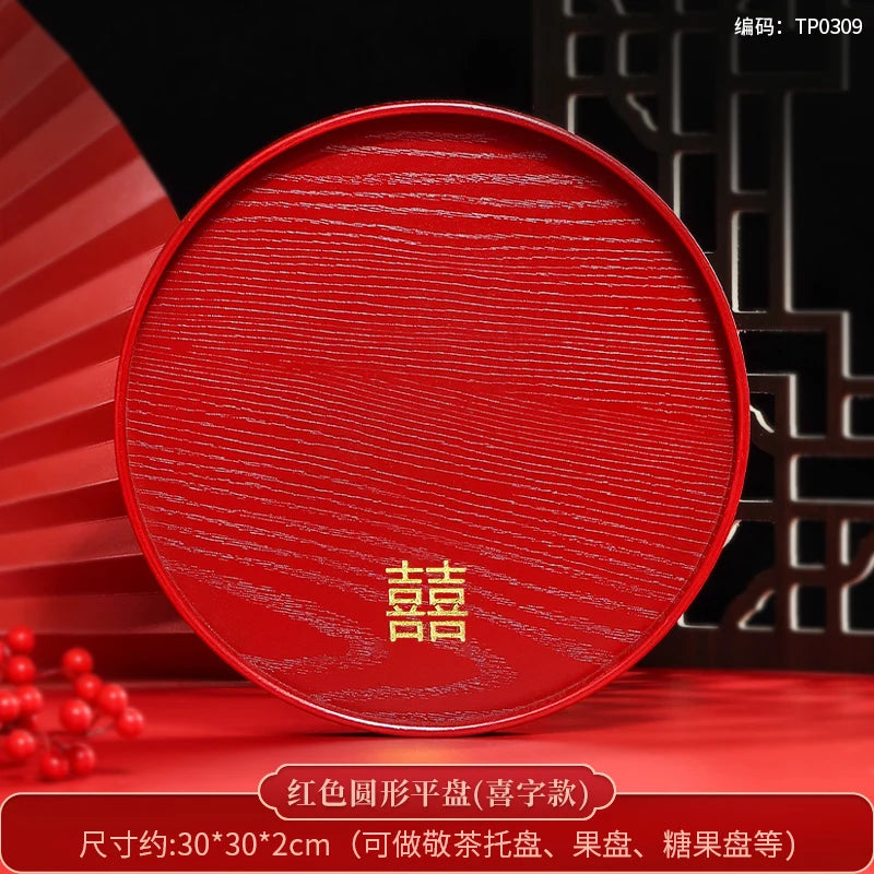Chinese Red Solid Wood Tray Wedding Wedding Decorative Tray Home Dry Brew Tea Tray Wedding Supplies