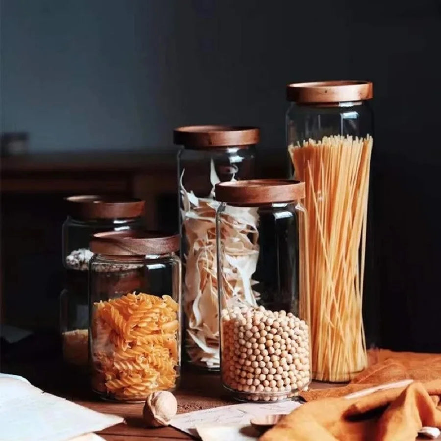 1 PC Small Glass Storage Jars with Airtight Lids, coffee container with Wooden Lid, Glass Pantry Canister for Beans, Rice,Sugar