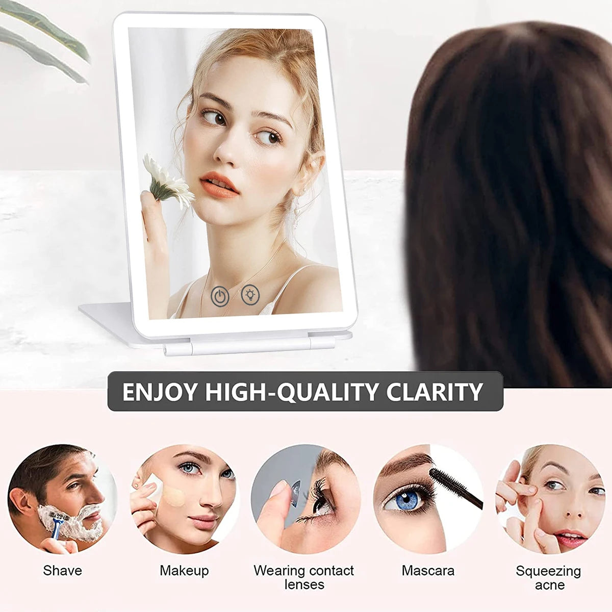 LED Makeup Mirror with Light Dimmable Cosmetic Mirror Folding Mirror for Travel Outwork Make-up Mirror Portable Vanity Mirror