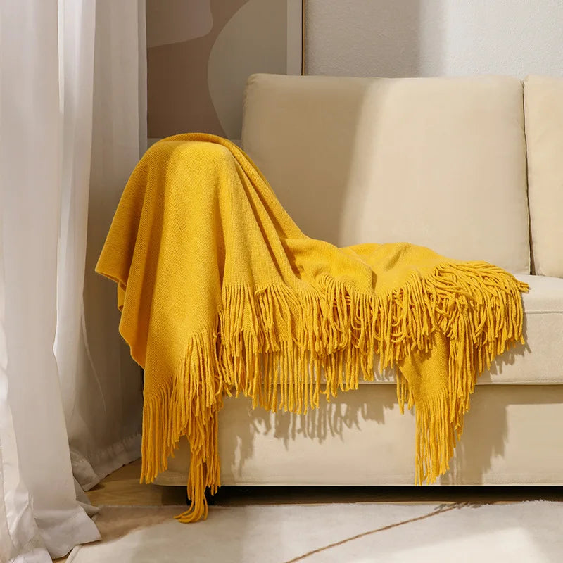 Nordic Knitted Tassels Fringe Blankets Lightweight Throw Solid Blanket Cozy Farmhouse Gift All Season Comfort For Home Travel