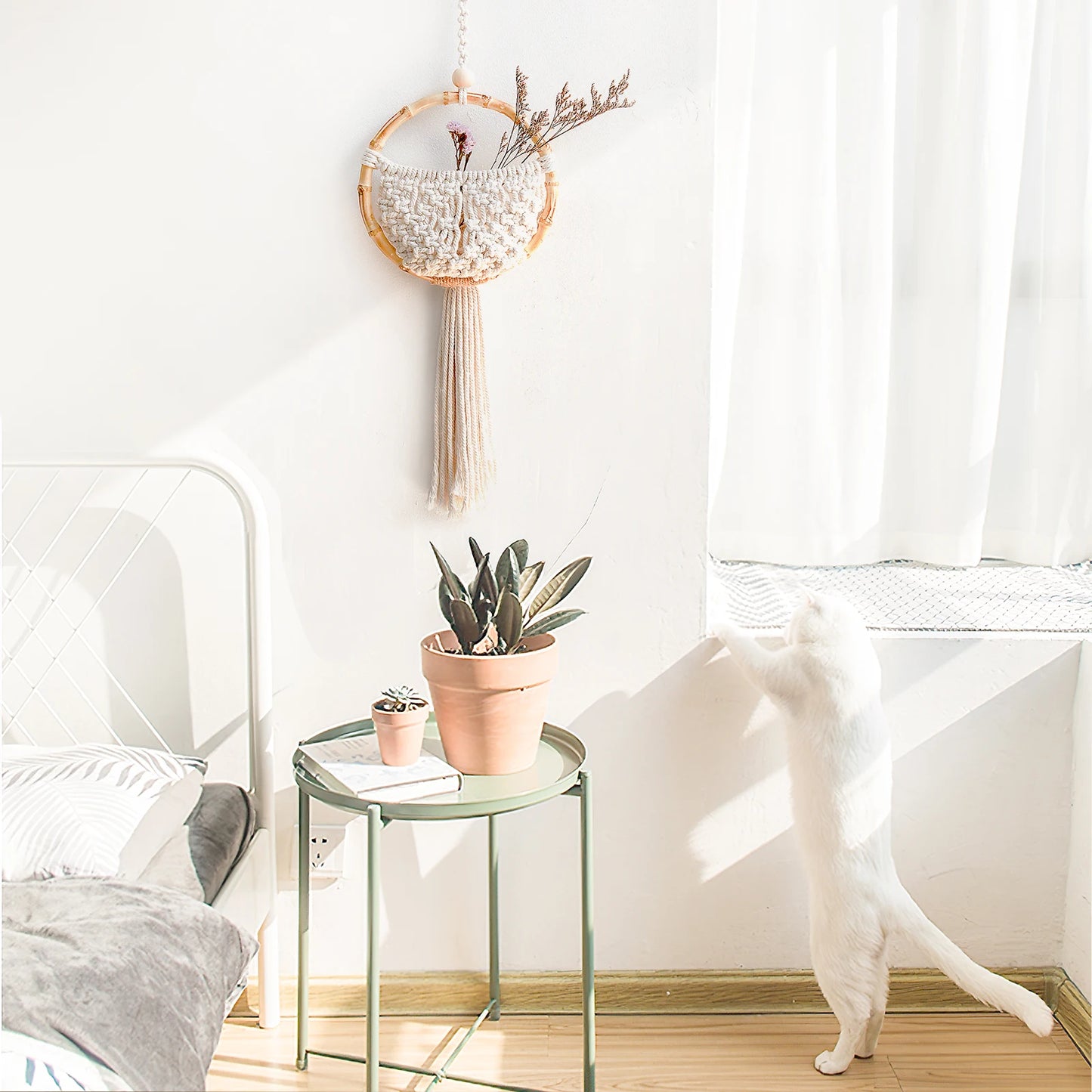 Macrame Wall Hanging Nordic Ins Door Wall Decoration Home Background Round Wall Tapestry Woven Flower Pot Dorm Room Decor
